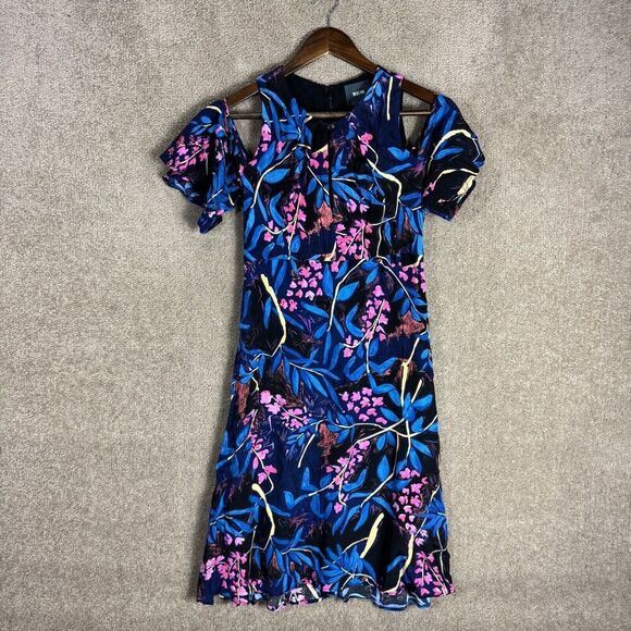 Anthropologie Maeve Elia Dress Womens 0 Blue Floral Print Cold Shoulder A Line - Picture 2 of 11